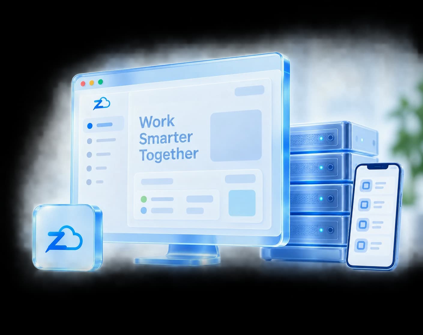 ภาพระบบซอฟต์แวร์ แอปมือถือ และ Cloud ในโทนฟ้าของ ZoftOne